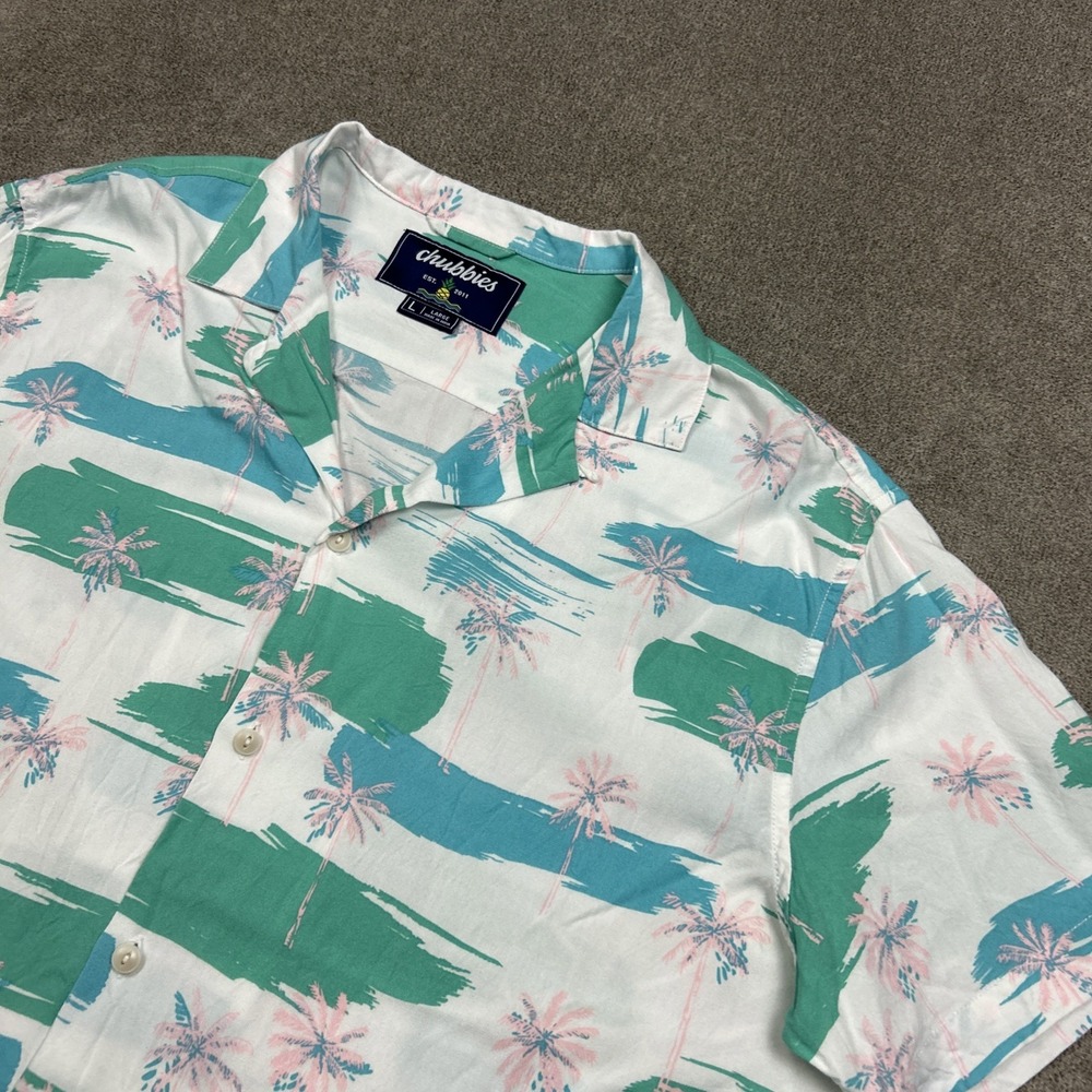 Chubbies Mens Large Short Sleeve Button Down Shirt Retro Print Tropical Palms